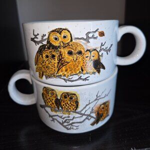 Otagiri Owl Family Speckled Soup Mugs Retro MCM Coffee Cups Ceramic Lot of 2 Vtg